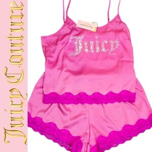 Juicy Couture Rhinestone Logo Satin & Lace Pajama Set